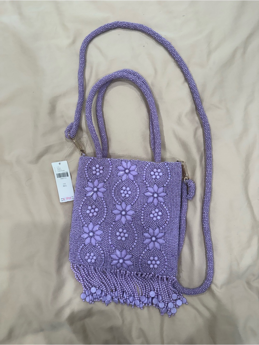 NWT Anthropologie Lilac Beaded Floral Mini Tote with Fringe lavender purple - Picture 12 of 13